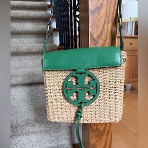 Tory Burch Green Leather & Straw Crossbody Bag
